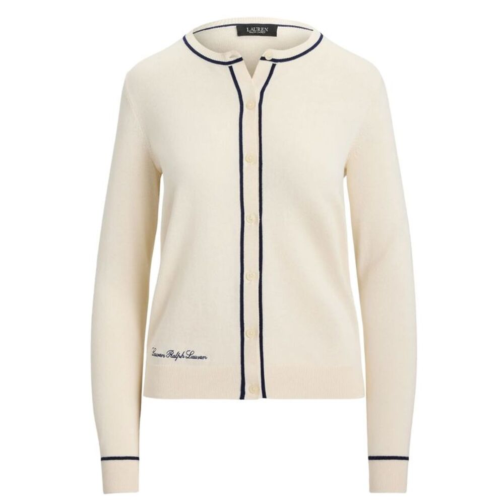 Lauren Ralph Lauren Womens Crewneck Cardigan Sweater S Cream/Refined Navy - NWT